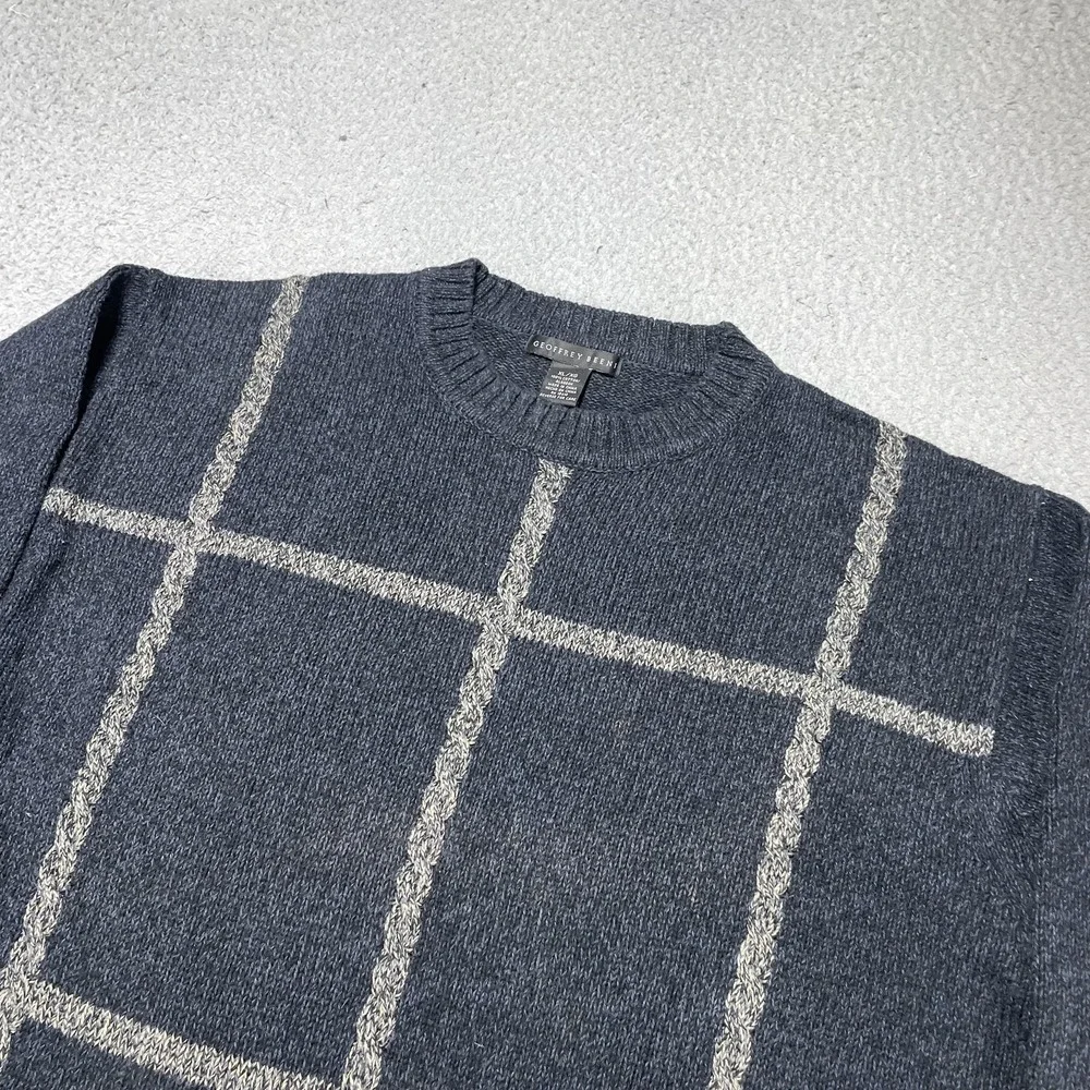 Geoffrey Beene Sweater Mens‎ XL Blue Windowpane Check Cotton Crewneck Pullover